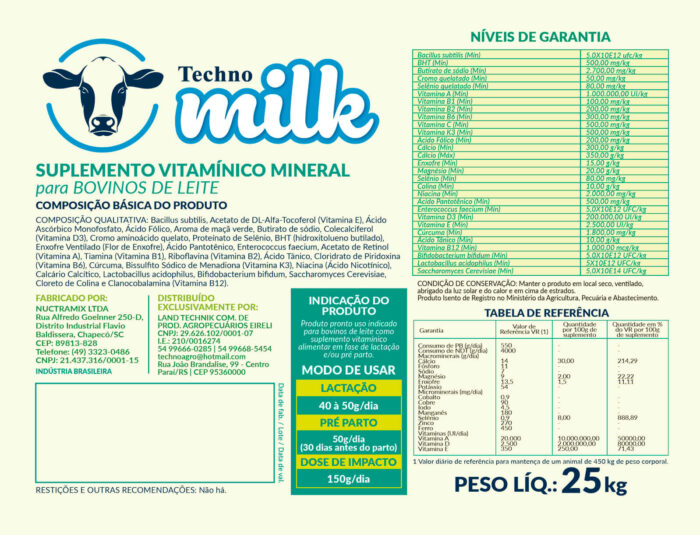 Suplemento mineral para rebanho leiteiro, Techno Milk em Paraí