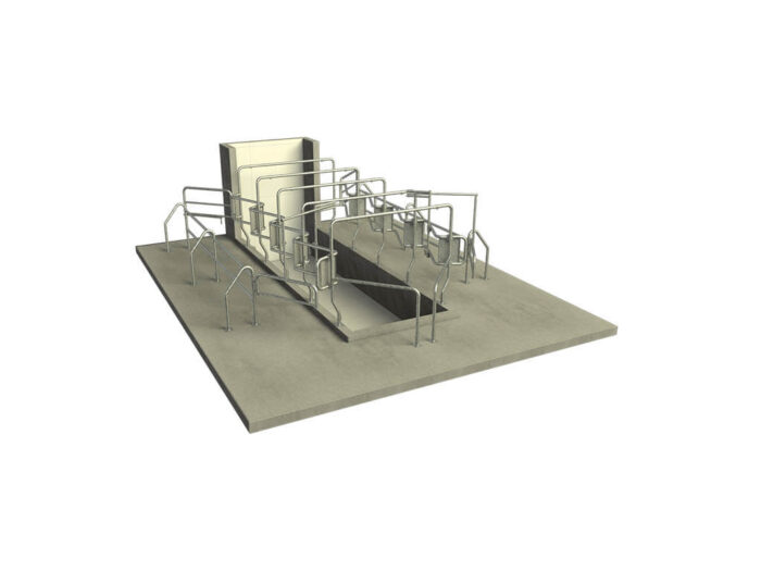 A contenção modelo Super Bravo, possui um arco de sustentação traseiro para cada animal e duas barras horizontais nos peitorais. Máxima robustez e segurança! Portão de entrada com fechamento duplo e com abertura por dentro do fosso. Maior facilidade de instalação. Espinha de peixe com chapa de encosto montada de fábrica. Estrutura do peitoral com tubo único dobrado, sem soldas ou partes cortantes.