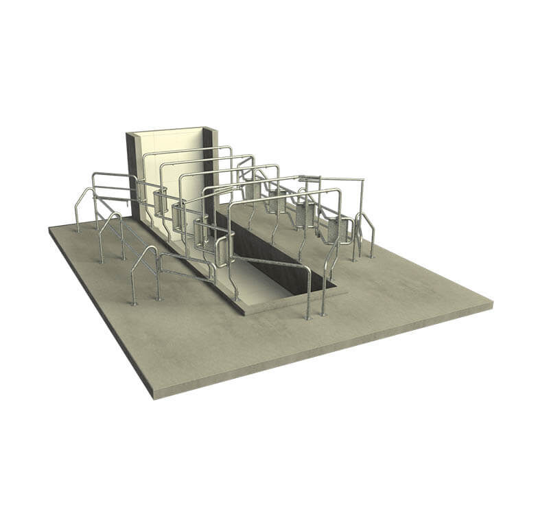 A contenção modelo Super Bravo, possui um arco de sustentação traseiro para cada animal e duas barras horizontais nos peitorais. Máxima robustez e segurança! Portão de entrada com fechamento duplo e com abertura por dentro do fosso. Maior facilidade de instalação. Espinha de peixe com chapa de encosto montada de fábrica. Estrutura do peitoral com tubo único dobrado, sem soldas ou partes cortantes.