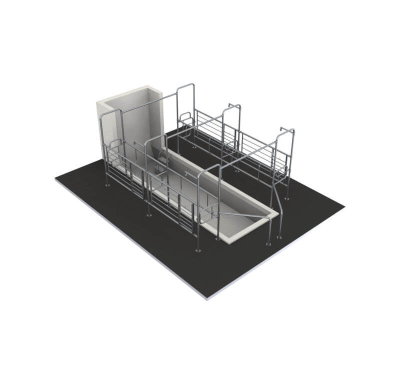 A contenção modelo Super Bravo, possui um arco de sustentação traseiro para cada animal e duas barras horizontais nos peitorais. Máxima robustez e segurança! Portão de entrada com fechamento duplo e com abertura por dentro do fosso. Maior facilidade de instalação. Espinha de peixe com chapa de encosto montada de fábrica. Estrutura do peitoral com tubo único dobrado, sem soldas ou partes cortantes.